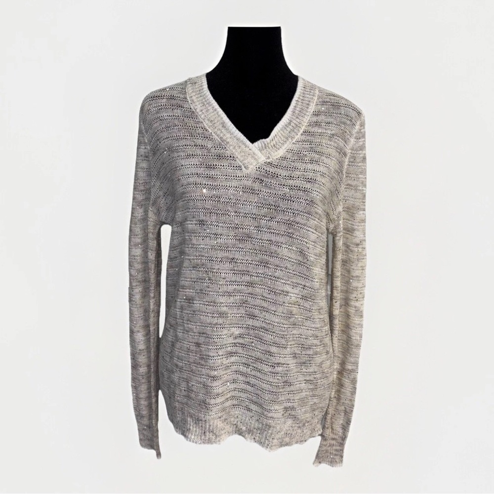 Peace Of Cloth V-Neck Pullover Knit Sweater Women Size S Off White Gray Sparkle
